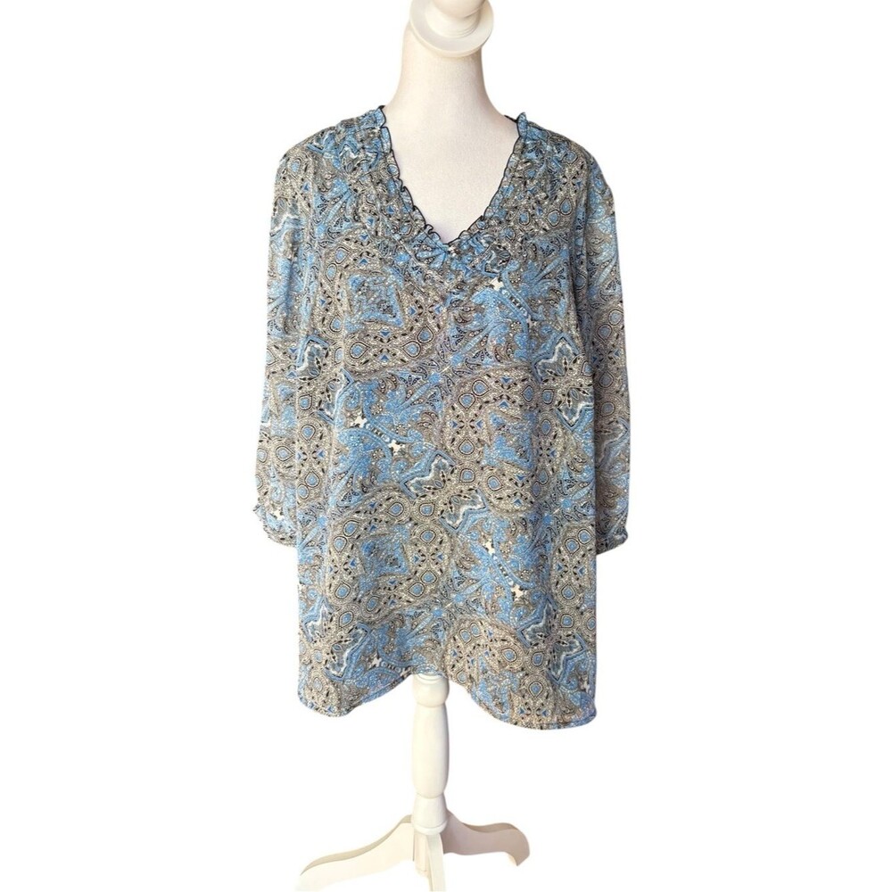 Coldwater Creek Blouse Top Blue Black Paisley Print Womens Plus Size 1X 18